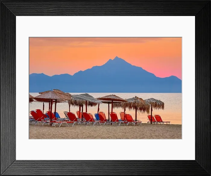 Framed Print : Resort beach, Mount Athos in the background, Halkidiki, Sithonia, Greece Framed Print : Resort beach, Mount Athos in the background, Halkidiki, Sithonia, Greece