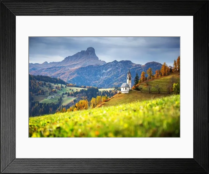 Framed Print : Santa Barbara church at the autumn Dolomite Alps. Amazing landscape with small chapel on sunny meadow at San Genesio village location Framed Print : Santa Barbara church at the autumn Dolomite Alps. Amazing landscape with small chapel on sunny meadow at San Genesio village location