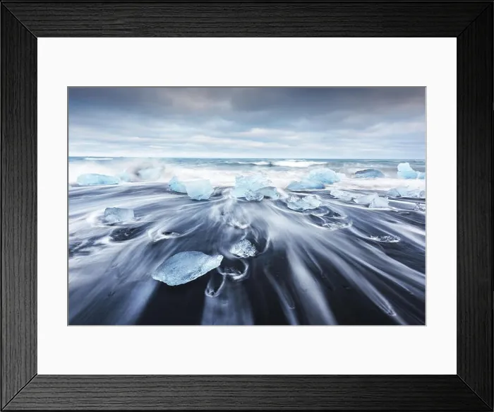 Framed Print : Iceberg pieces on Diamond beach near Jokulsarlon lagoon, Iceland. Landscape photography Framed Print : Iceberg pieces on Diamond beach near Jokulsarlon lagoon, Iceland. Landscape photography