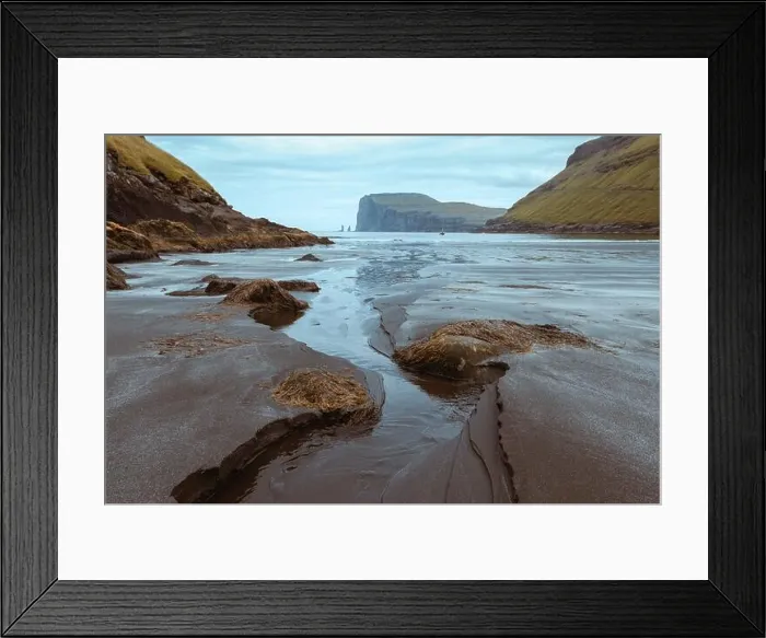 Framed Print : Tjornuvik beach on Streymoy island, Faroe Islands, Denmark. Landscape photography. Retro film scan colors Framed Print : Tjornuvik beach on Streymoy island, Faroe Islands, Denmark. Landscape photography. Retro film scan colors