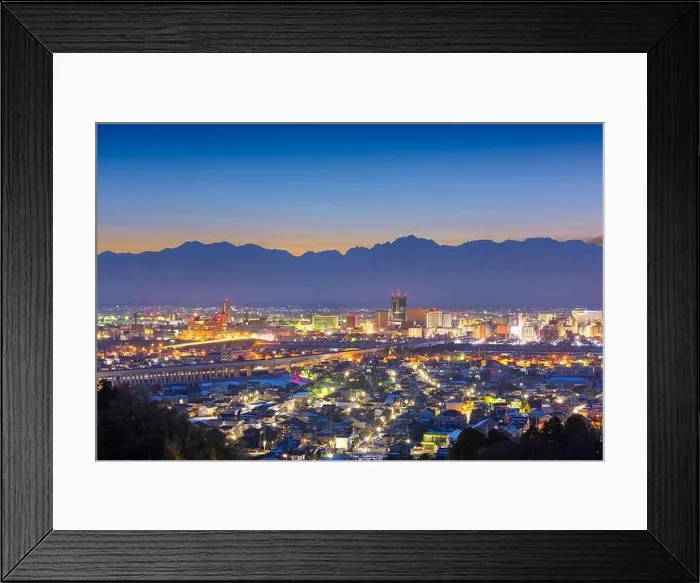 Framed Print : Toyama, Japan downtown city skyline with Tateyama Mountain at dawn Framed Print : Toyama, Japan downtown city skyline with Tateyama Mountain at dawn