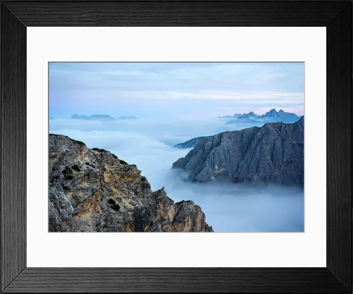 Framed Print : Incredible sunrise landscape with flowing fog and dramatic skies in the Dolomites mountains Framed Print : Incredible sunrise landscape with flowing fog and dramatic skies in the Dolomites mountains