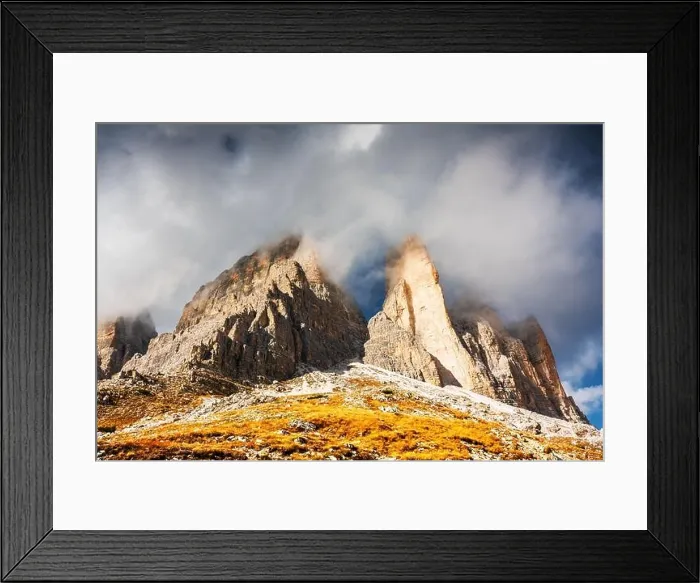Framed Print : Incredible view of the Three Peaks of Lavaredo in morning fog. National Park Tre Cime di Lavaredo, Dolomite Alps mountains Framed Print : Incredible view of the Three Peaks of Lavaredo in morning fog. National Park Tre Cime di Lavaredo, Dolomite Alps mountains