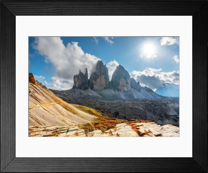 Framed Print : Incredible view of the Three Peaks of Lavaredo on autumn time. National Park Tre Cime di Lavaredo, Dolomite Alps mountains Framed Print : Incredible view of the Three Peaks of Lavaredo on autumn time. National Park Tre Cime di Lavaredo, Dolomite Alps mountains