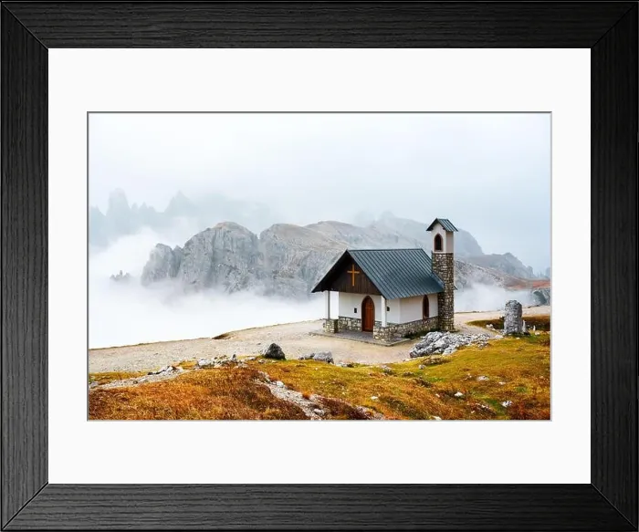 Framed Print : Incredible view on small chapel in the Tre Cime Di Laveredo National Park in morning fog. Dolomite Alps mountains, Trentino Alto Adige region Framed Print : Incredible view on small chapel in the Tre Cime Di Laveredo National Park in morning fog. Dolomite Alps mountains, Trentino Alto Adige region