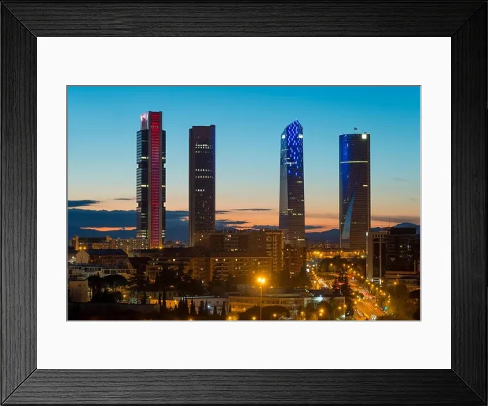 Framed Print : Madrid cityscape at night. Landscape of Madrid business building at Four Tower. Modern high building in business district area at Spain