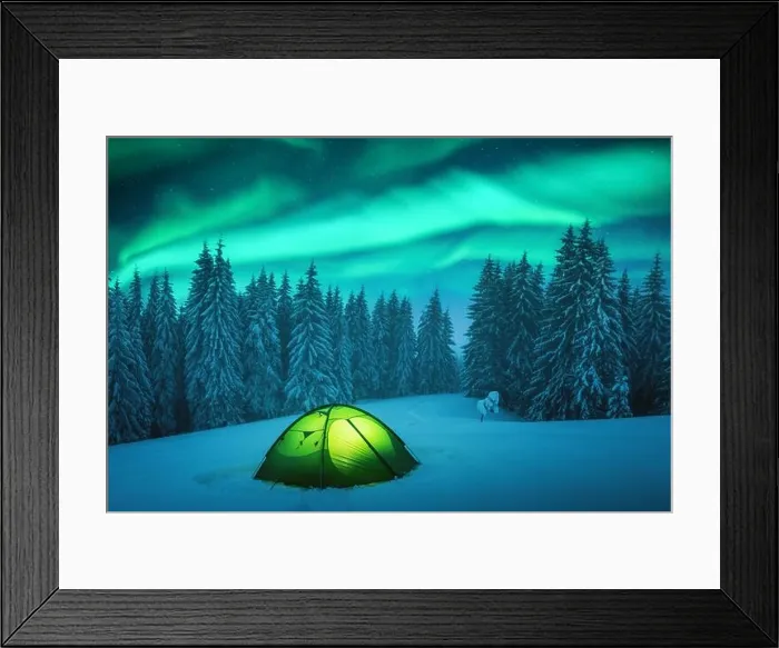 Framed Print : Yellow tent lighted from the inside against the backdrop of incredible starry sky with Aurora borealis. Amazing night landscape Framed Print : Yellow tent lighted from the inside against the backdrop of incredible starry sky with Aurora borealis. Amazing night landscape