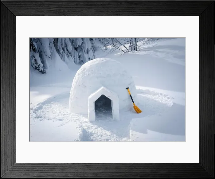Framed Print : Real snow igloo house in the winter Carpathian mountains. Snow-covered firs on the background Framed Print : Real snow igloo house in the winter Carpathian mountains. Snow-covered firs on the background