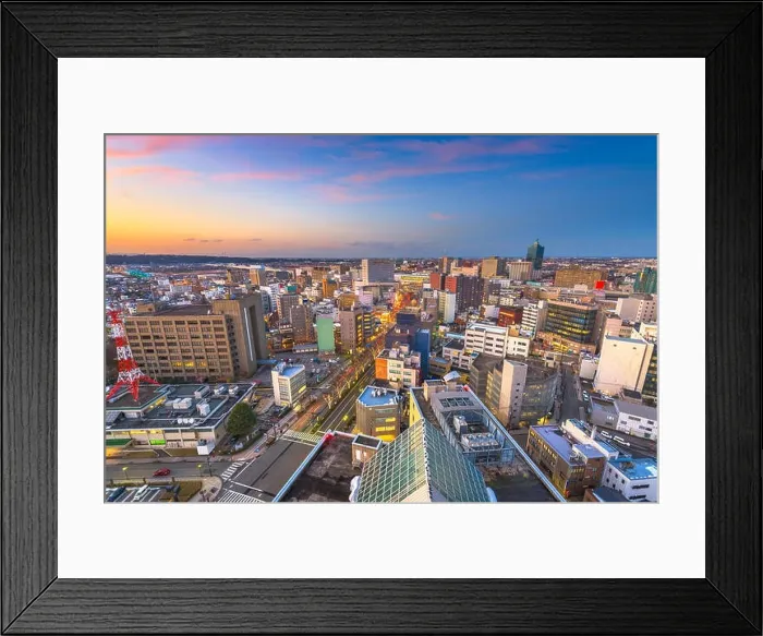Framed Print : Toyama, Japan downtown city skline from above at dusk Framed Print : Toyama, Japan downtown city skline from above at dusk
