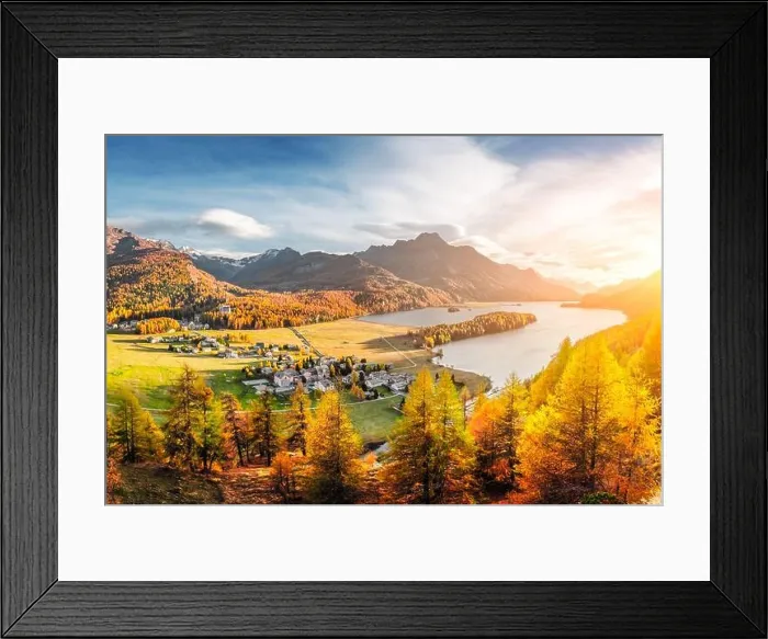 Framed Print : Panorama of Sils village and lake Sils (Silsersee) in Swiss Alps mountains. Colorful forest with orange larch Framed Print : Panorama of Sils village and lake Sils (Silsersee) in Swiss Alps mountains. Colorful forest with orange larch