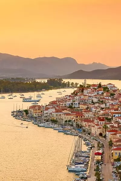 Poros Island at sunset time, Argolida, Peloponnese, Greece