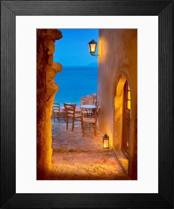 Framed Print : Romantic street in Monemvasia medieval old town, Peloponnese, Greece Framed Print : Romantic street in Monemvasia medieval old town, Peloponnese, Greece