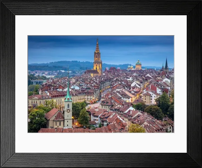 Framed Print : City of Bern. Aerial cityscape image of the capital city of Bern, Switzerland at twilight blue hour Framed Print : City of Bern. Aerial cityscape image of the capital city of Bern, Switzerland at twilight blue hour