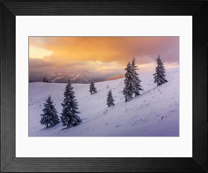 Framed Print : Fantastic orange winter landscape in snowy mountains glowing by sunlight. Dramatic wintry scene with snowy trees. Christmas holiday concept. Carpathia Framed Print : Fantastic orange winter landscape in snowy mountains glowing by sunlight. Dramatic wintry scene with snowy trees. Christmas holiday concept. Carpathia