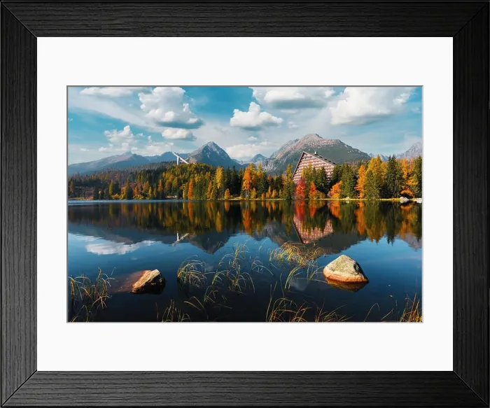 Framed Print : Picturesque autumn view of lake Strbske pleso in High Tatras National Park, Slovakia. Clear water with reflections of orange larch and high mountains Framed Print : Picturesque autumn view of lake Strbske pleso in High Tatras National Park, Slovakia. Clear water with reflections of orange larch and high mountains