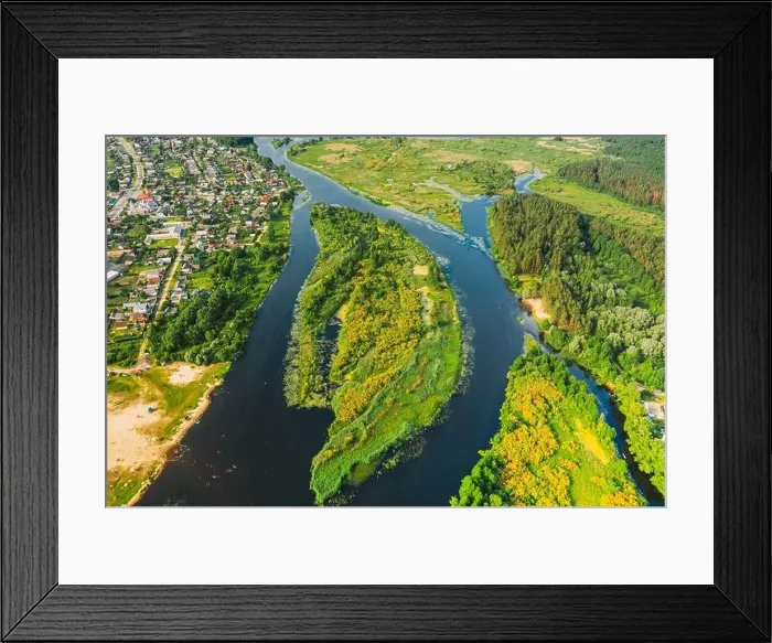 Framed Print : Aerial View Of Summer River Landscape In Sunny Summer Day. Top View Of Beautiful European Nature From High Attitude In Summer Season. Drone View. Bird Framed Print : Aerial View Of Summer River Landscape In Sunny Summer Day. Top View Of Beautiful European Nature From High Attitude In Summer Season. Drone View. Bird