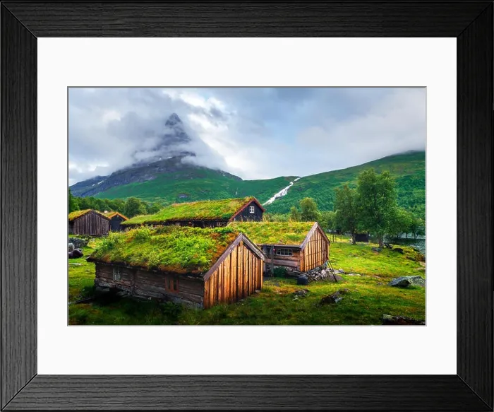 Framed Print : Typical norwegian old wooden houses with grass roofs in Innerdalen - Norway's most beautiful mountain valley, near Innerdalsvatna lake. Norway, Europe Framed Print : Typical norwegian old wooden houses with grass roofs in Innerdalen - Norway's most beautiful mountain valley, near Innerdalsvatna lake. Norway, Europe