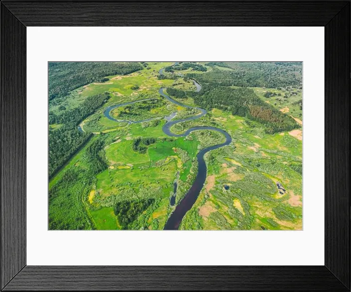 Framed Print : Aerial View Of Summer Curved River Landscape In Sunny Summer Day. Top View Of Beautiful European Nature From High Attitude In Summer Season. Drone Framed Print : Aerial View Of Summer Curved River Landscape In Sunny Summer Day. Top View Of Beautiful European Nature From High Attitude In Summer Season. Drone