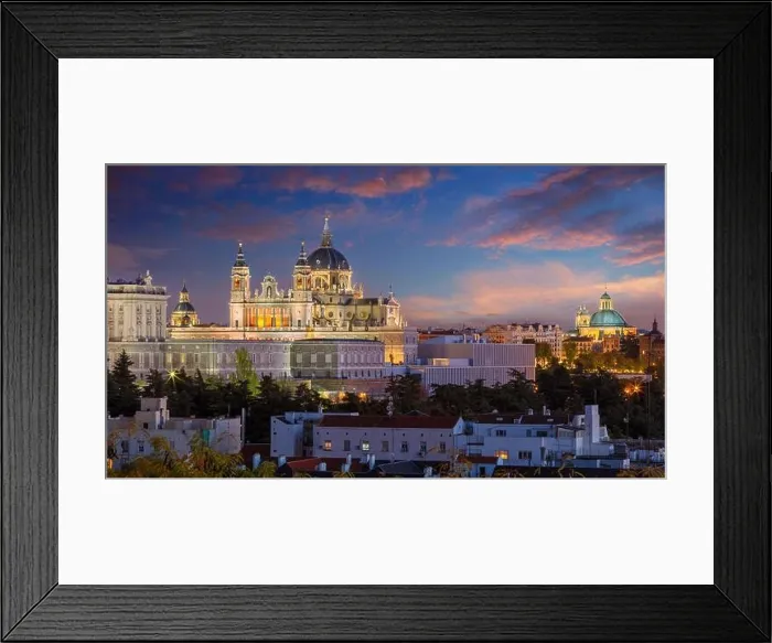 Framed Print : Madrid, Spain. Panoramic cityscape image of Madrid skyline with Santa Maria la Real de La Almudena Cathedral and the Royal Palace at twilight Framed Print : Madrid, Spain. Panoramic cityscape image of Madrid skyline with Santa Maria la Real de La Almudena Cathedral and the Royal Palace at twilight