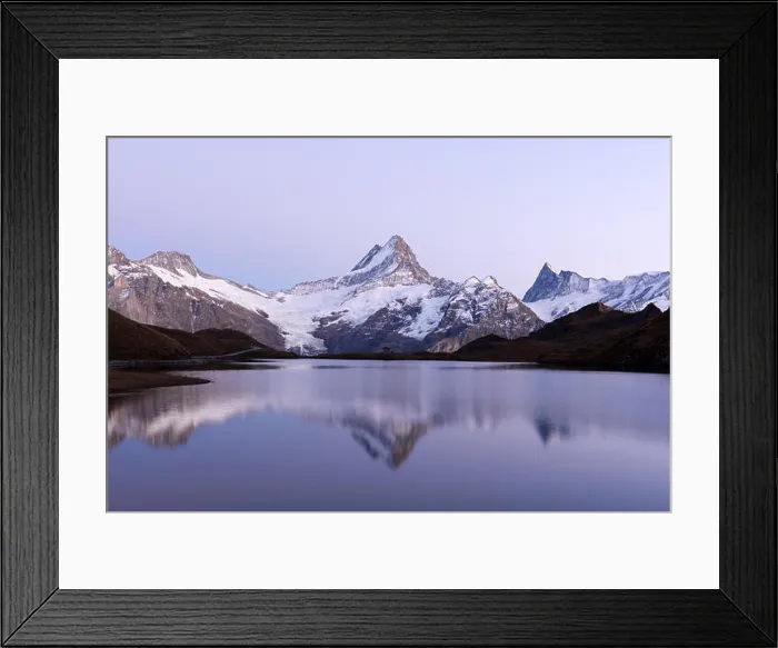 Framed Print : Picturesque view on Bachalpsee lake in Swiss Alps mountains. Snowy peaks of Wetterhorn, Mittelhorn and Rosenhorn on background. Switzerland