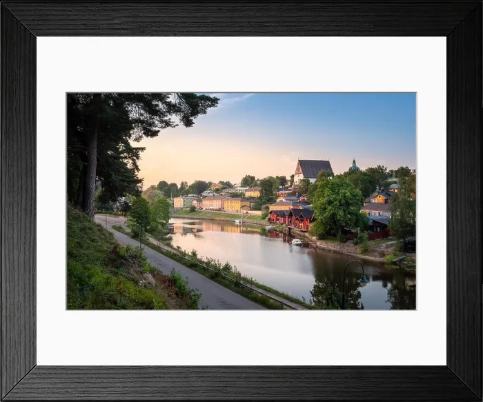 Framed Print : Beautiful city landscape with idyllic river and old buildings at summer evening in Porvoo, Finland Framed Print : Beautiful city landscape with idyllic river and old buildings at summer evening in Porvoo, Finland