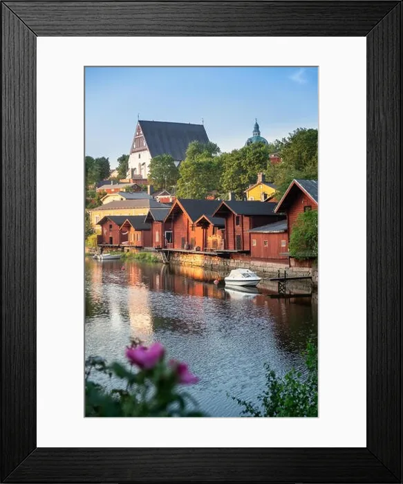 Framed Print : Beautiful city landscape with idyllic river and old buildings at summer evening in Porvoo, Finland Framed Print : Beautiful city landscape with idyllic river and old buildings at summer evening in Porvoo, Finland