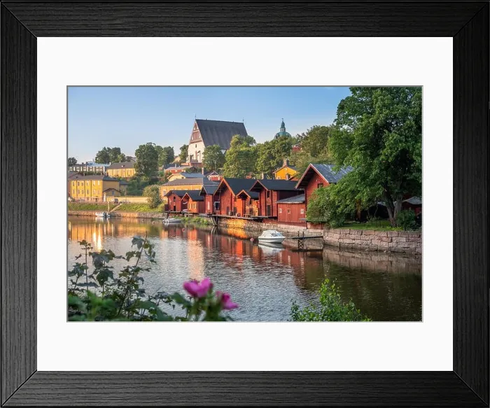 Framed Print : Beautiful city landscape with idyllic river and old buildings at summer evening in Porvoo, Finland Framed Print : Beautiful city landscape with idyllic river and old buildings at summer evening in Porvoo, Finland