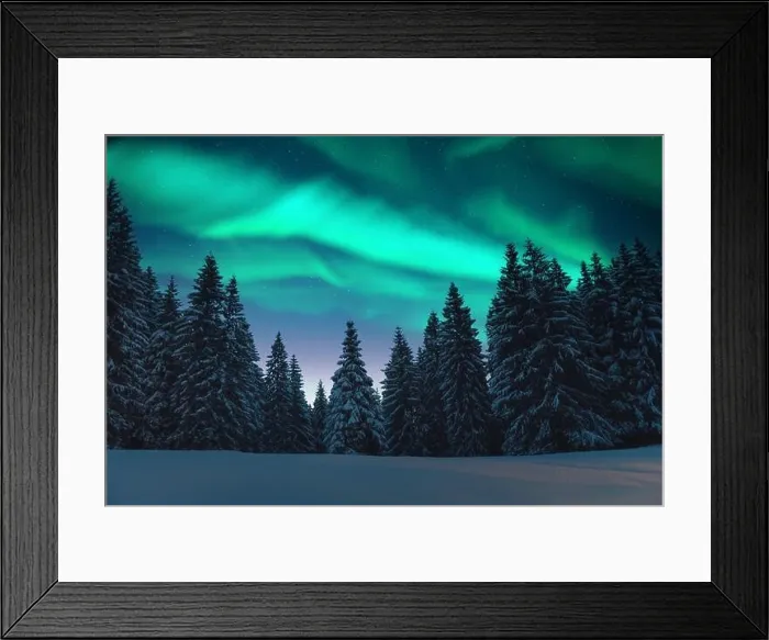 Framed Print : Aurora borealis. Northern lights in winter forest. Sky with polar lights and stars. Night winter landscape with aurora and pine tree forest Framed Print : Aurora borealis. Northern lights in winter forest. Sky with polar lights and stars. Night winter landscape with aurora and pine tree forest