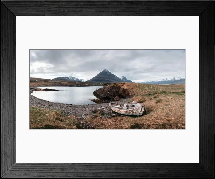Framed Print : Typical Iceland landscape with fjord, mountains and old ship Framed Print : Typical Iceland landscape with fjord, mountains and old ship