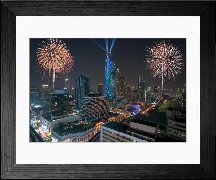 Framed Print : Night view 2018 new year celebration with skyscraper in business district in Bangkok Thailand. Light show at Magnolias Ratchaprasong in Bangkok, Thail Framed Print : Night view 2018 new year celebration with skyscraper in business district in Bangkok Thailand. Light show at Magnolias Ratchaprasong in Bangkok, Thail