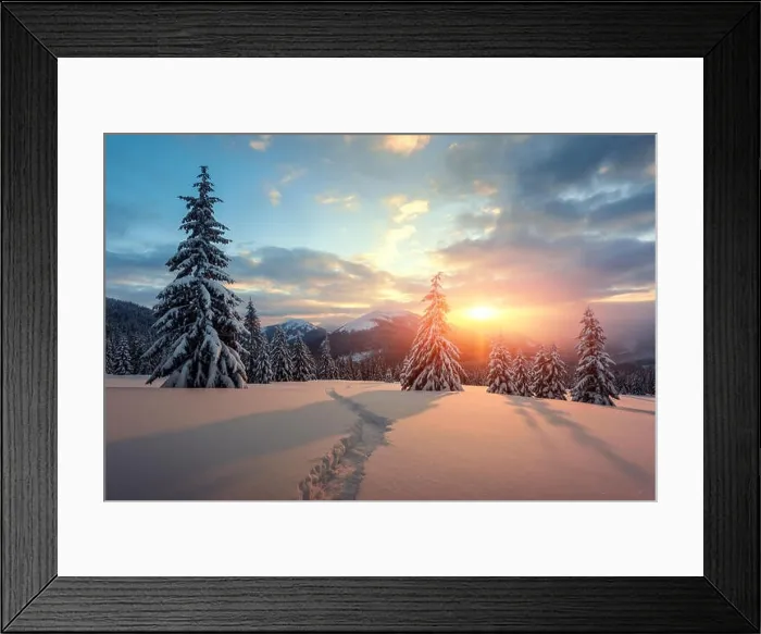 Framed Print : Fantastic orange winter landscape in snowy mountains glowing by sunlight. Dramatic wintry scene with snowy trees. Christmas holiday concept Framed Print : Fantastic orange winter landscape in snowy mountains glowing by sunlight. Dramatic wintry scene with snowy trees. Christmas holiday concept