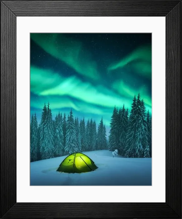 Framed Print : Yellow tent lighted from the inside against the backdrop of incredible starry sky with Aurora borealis. Amazing night landscape Framed Print : Yellow tent lighted from the inside against the backdrop of incredible starry sky with Aurora borealis. Amazing night landscape