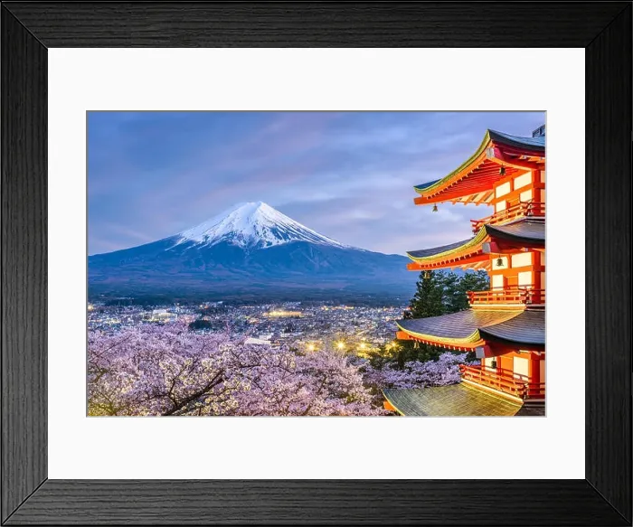 Framed Print : Fujiyoshida, Japan view of Mt. Fuji and pagoda in spring season Framed Print : Fujiyoshida, Japan view of Mt. Fuji and pagoda in spring season