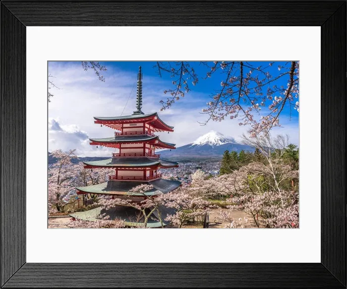Framed Print : Fujiyoshida, Japan view of Mt. Fuji and pagoda in spring season Framed Print : Fujiyoshida, Japan view of Mt. Fuji and pagoda in spring season