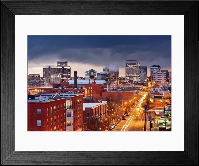 Framed Print : Richmond, Virginia, USA downtown cityscape over Main Street at dusk Framed Print : Richmond, Virginia, USA downtown cityscape over Main Street at dusk