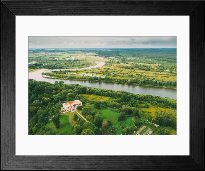 Framed Print : Khal'ch, Vetka District, Belarus. Aerial View Old House Manor Of Landowner Voynich-Senozhetskih. Top View Of Beautiful European Nature From High Framed Print : Khal'ch, Vetka District, Belarus. Aerial View Old House Manor Of Landowner Voynich-Senozhetskih. Top View Of Beautiful European Nature From High
