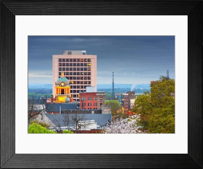 Framed Print : Macon, Georgia, USA downtown cityscape in spring season at twilight