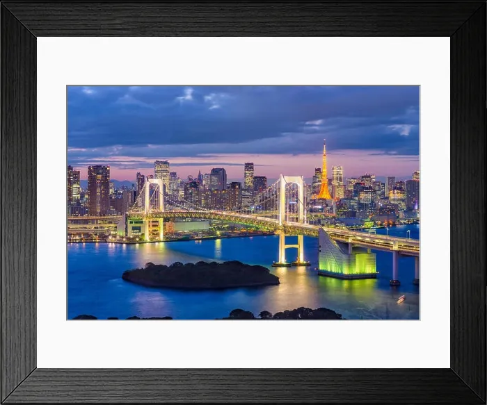 Framed Print : Tokyo Bay, Japan skyline with the bridge and tower at twilight Framed Print : Tokyo Bay, Japan skyline with the bridge and tower at twilight