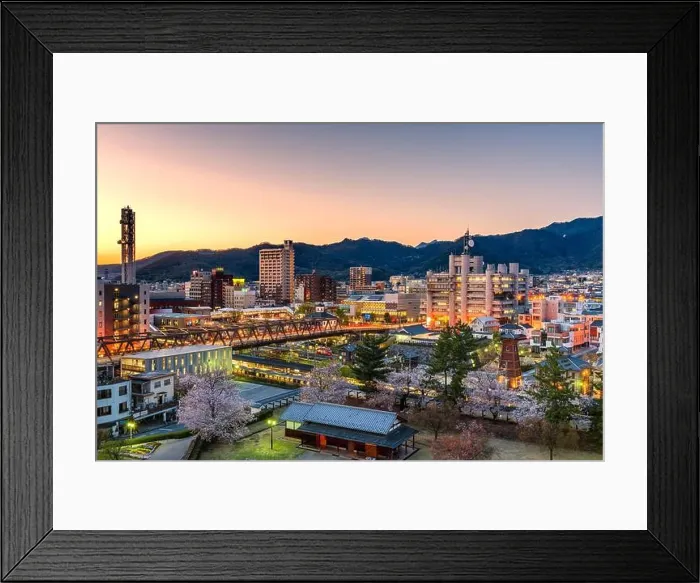 Framed Print : Kofu, Yamanashi, Japan downtown cityscape at dusk with spring foliage Framed Print : Kofu, Yamanashi, Japan downtown cityscape at dusk with spring foliage