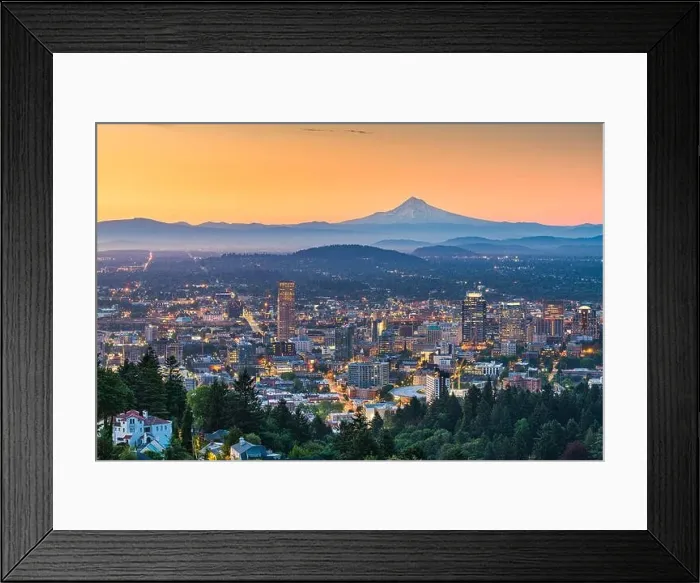 Framed Print : Portland, Oregon, USA skyline at dusk with Mt. Hood in the distance Framed Print : Portland, Oregon, USA skyline at dusk with Mt. Hood in the distance