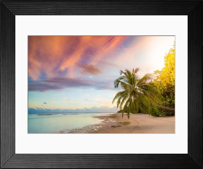Framed Print : Sunset sunrise beach landscape. Amazing colors sky and calm sea water with palm trees over tranquil beach Framed Print : Sunset sunrise beach landscape. Amazing colors sky and calm sea water with palm trees over tranquil beach