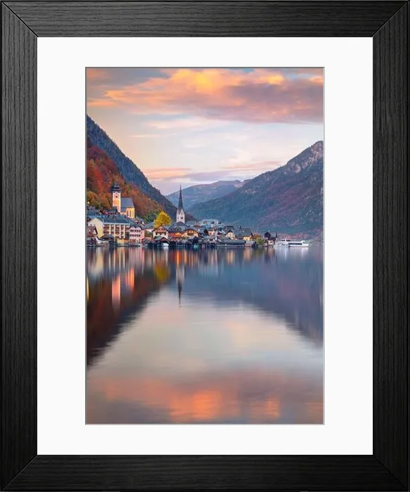Framed Print : Hallstatt, Austria. Cityscape image of iconic alpine village Hallstatt at dramatic autumn sunset Framed Print : Hallstatt, Austria. Cityscape image of iconic alpine village Hallstatt at dramatic autumn sunset