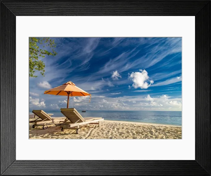 Framed Print : Beautiful beach. Chairs on the sandy beach near the sea. Summer holiday and vacation concept for tourism. Inspirational tropical landscape Framed Print : Beautiful beach. Chairs on the sandy beach near the sea. Summer holiday and vacation concept for tourism. Inspirational tropical landscape