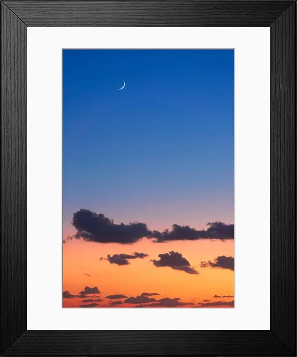 Framed Print : Atmospheric colorful sunset sky with the moon in the background, Greece Framed Print : Atmospheric colorful sunset sky with the moon in the background, Greece