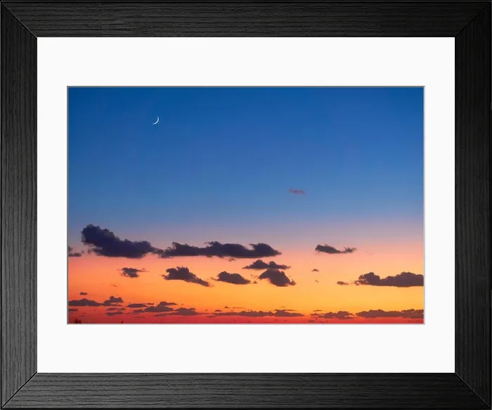 Framed Print : Atmospheric colorful sunset sky with the moon in the background, Greece Framed Print : Atmospheric colorful sunset sky with the moon in the background, Greece
