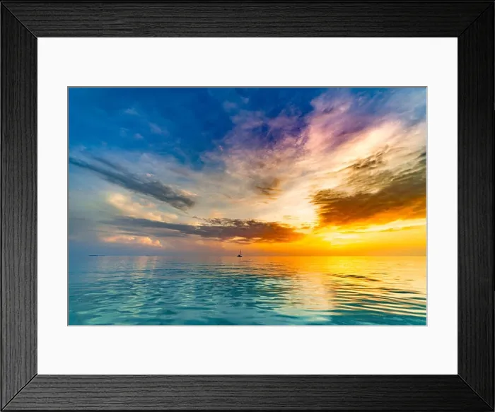 Framed Print : Sea sky clouds, horizon. Colorful seascape horizontal background banner. Inspirational calm sea with sunset sky. Meditation ocean and sky background Framed Print : Sea sky clouds, horizon. Colorful seascape horizontal background banner. Inspirational calm sea with sunset sky. Meditation ocean and sky background