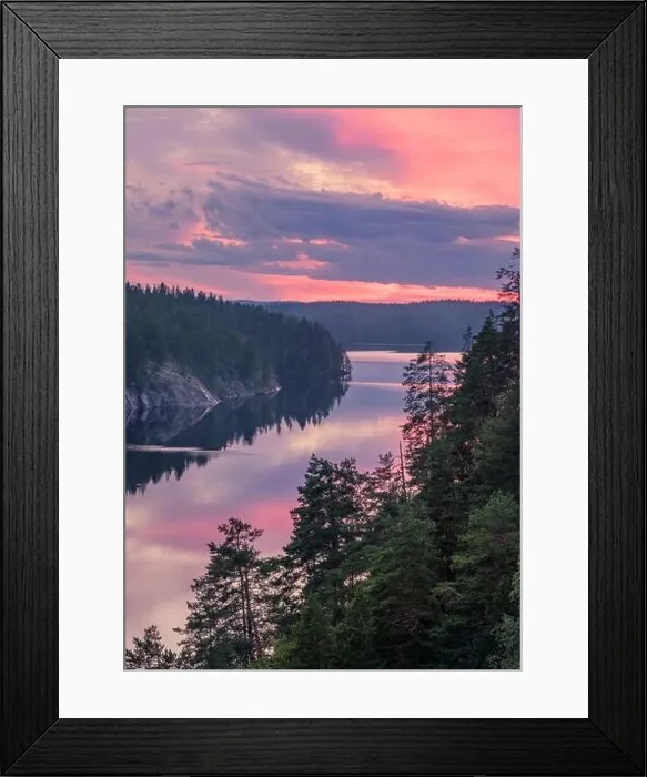 Framed Print : Scenic forest and lake landscape with tranquil mood and colourful sunset at summer morning in Finland