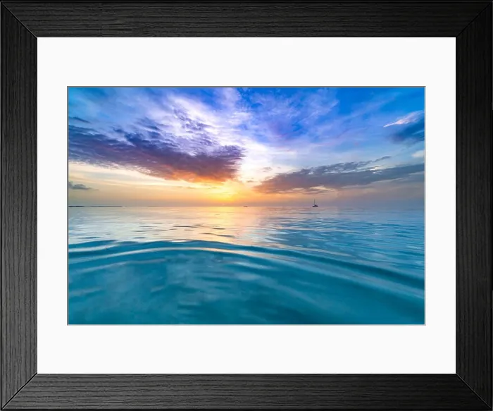 Framed Print : Sea sky clouds, horizon. Colorful seascape horizontal background banner. Inspirational calm sea with sunset sky. Meditation ocean and sky background