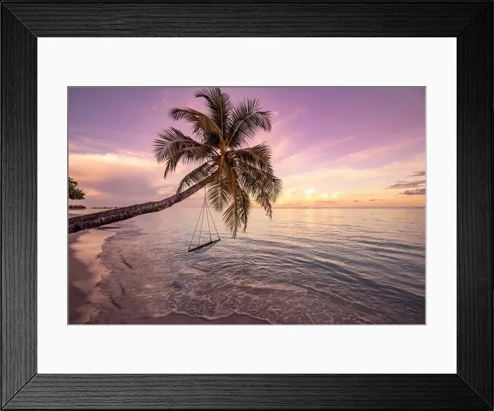 Framed Print : Amazing beach with palm trees and swing at sunset. Beautiful sunset on tropical sea beach background for travel in holiday relax time Framed Print : Amazing beach with palm trees and swing at sunset. Beautiful sunset on tropical sea beach background for travel in holiday relax time