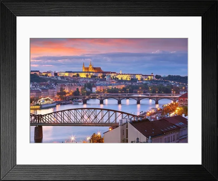 Framed Print : Prague at sunset. Cityscape image of Prague, capital city of Czech Republic with St. Vitus Cathedral and five bridges over Vltava River at autumn suns
